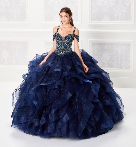 2019 ball gown dark navy quinceanera dresses beaded bodice corset crystal prom dress tiered skirts gorgeous glitter princess gowns lace-up, Blue;red